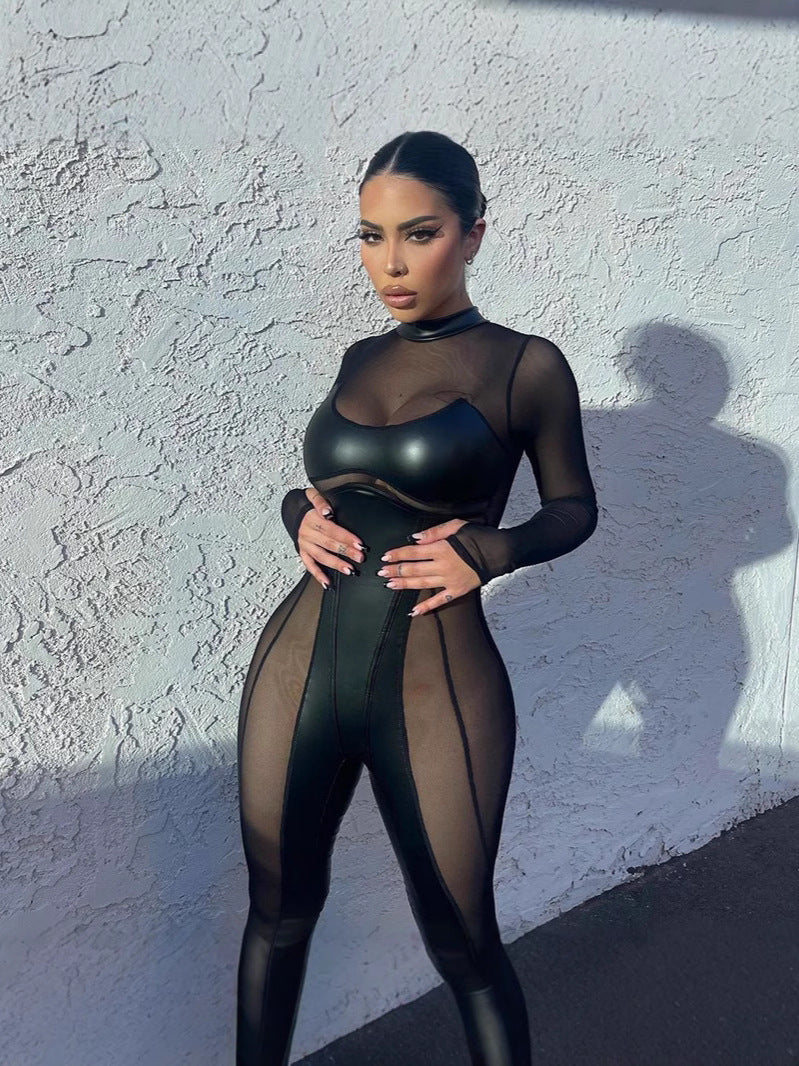 Women's Sexy Sheer Mesh Patchwork Long Sleeve Bodysuit - Clubwear Party Night Out Jumpsuit