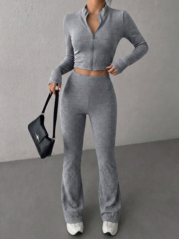 Women's 2-Piece Workout Set Zip Lapel Long Sleeve Crop Top & High Waist Butt Lifting Leggings