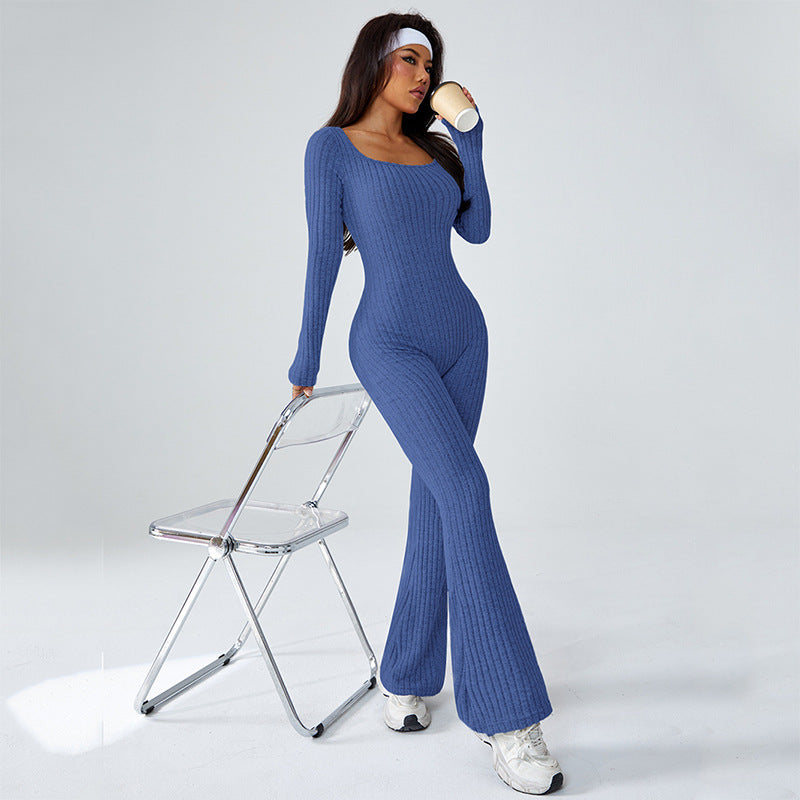 Ribbed Long Sleeve Flared Jumpsuit | Sleek Yoga Catsuit
