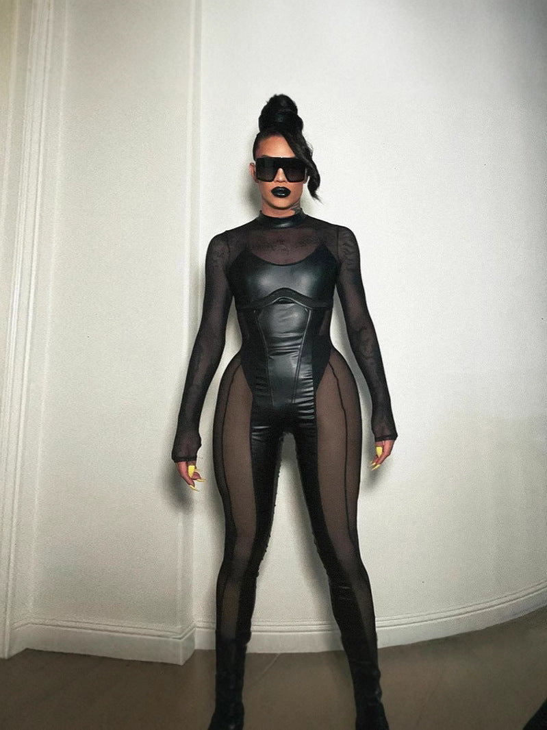 Women's Sexy Sheer Mesh Patchwork Long Sleeve Bodysuit - Clubwear Party Night Out Jumpsuit