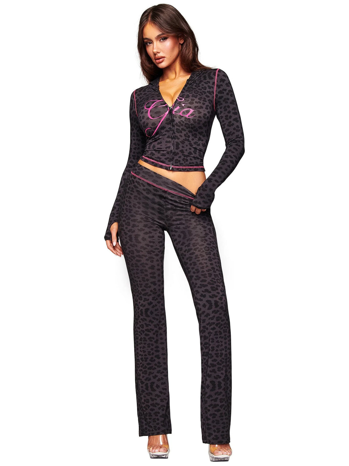 2026 European and American fashion women's clothing cross-border supply printed hooded long-sleeve thumb-hole micro-flare two-piece set
