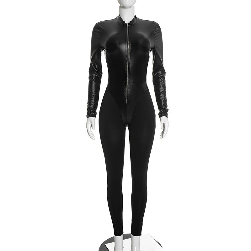 Women's Sexy PU Leather Long Sleeve Zipper Skinny Jumpsuit Slim Fit Full Length Catsuit