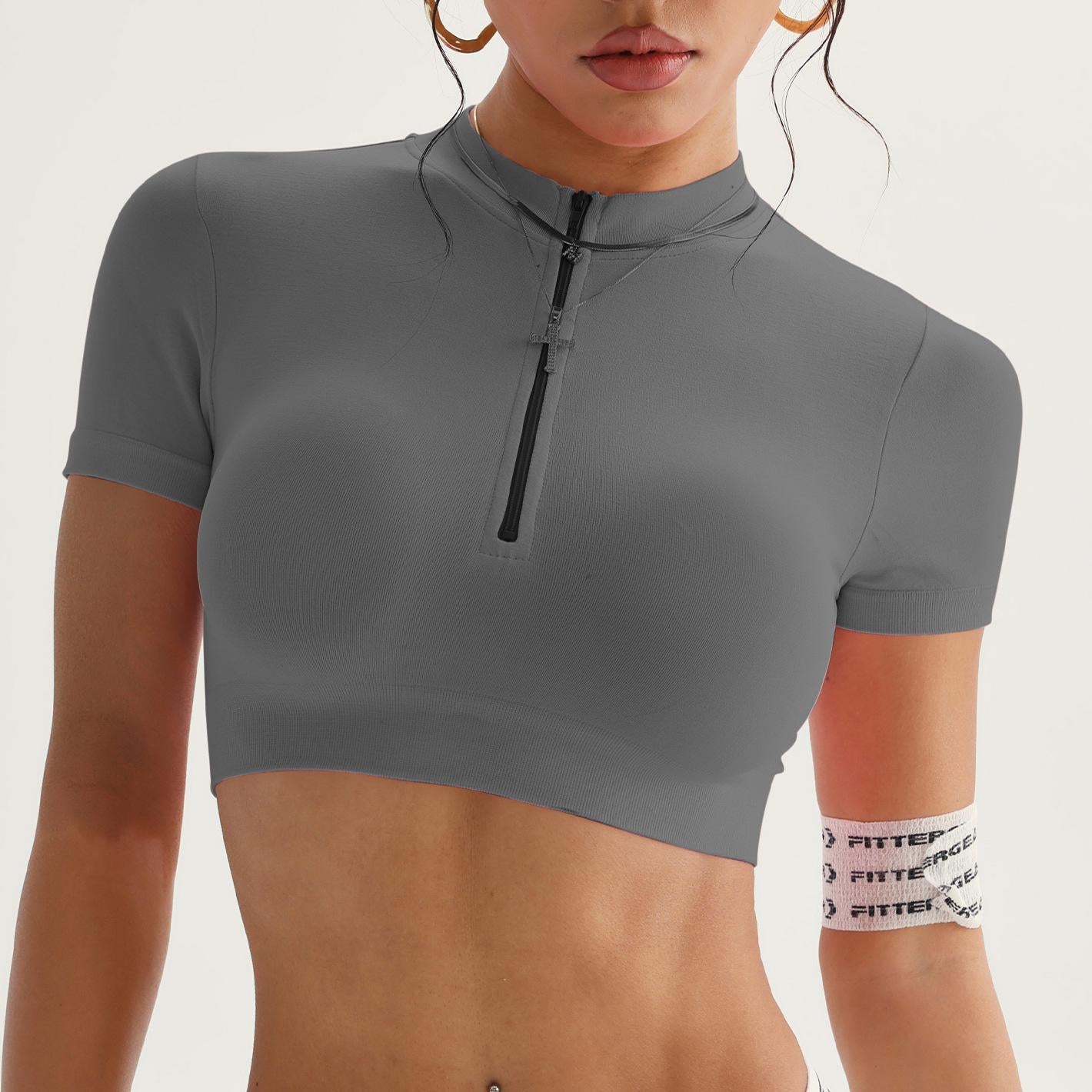 Lila Zen High-Elastic Fitted Zipper Crop Top - Yoga Short-Sleeve