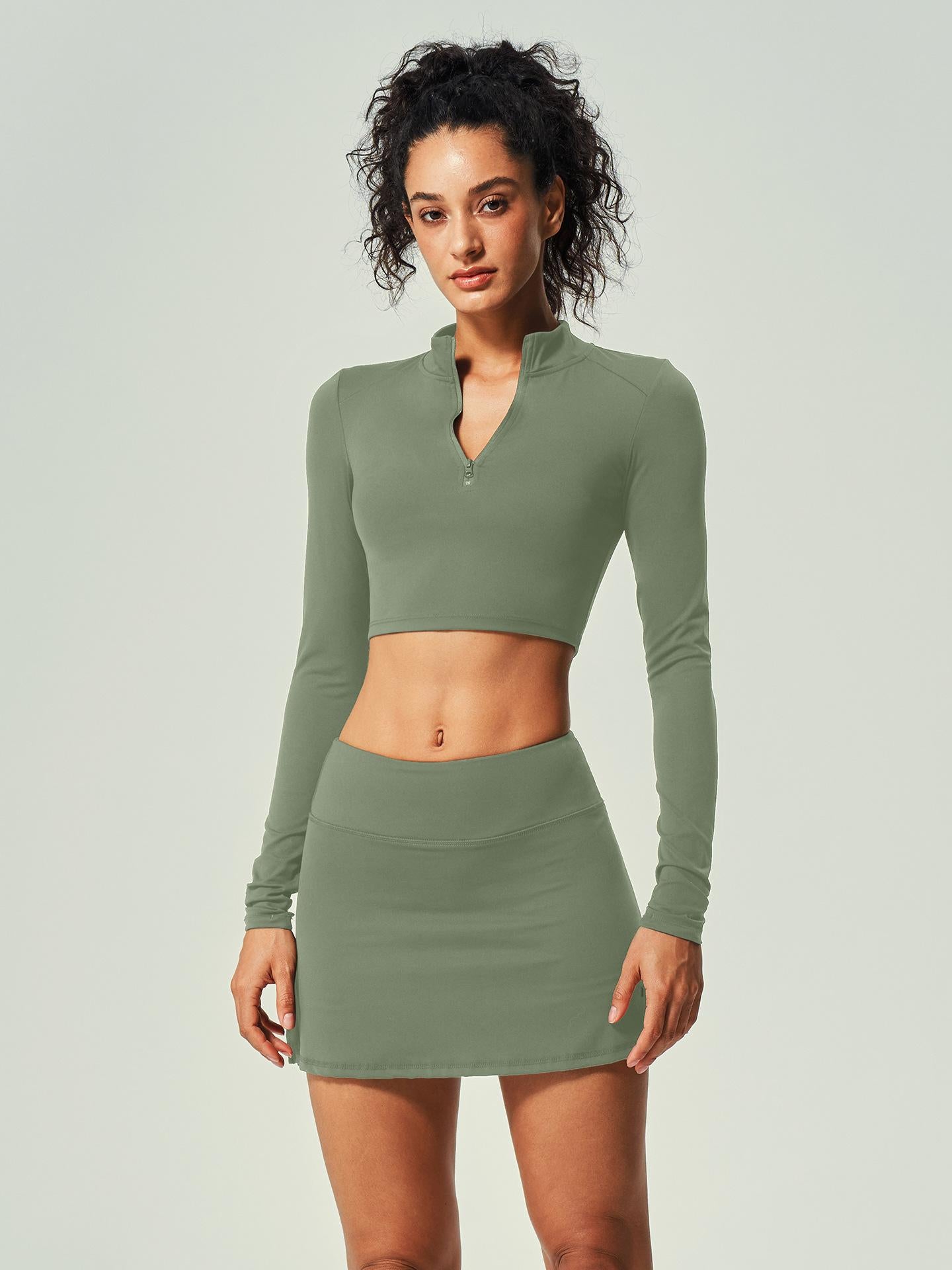 Lila Zen Zippered Long-Sleeved Short Skirt Yoga Suit