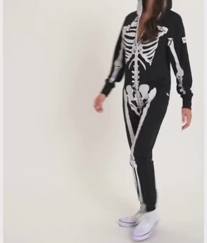 Women's Hooded Zip-Front Skeleton Costume Onesie