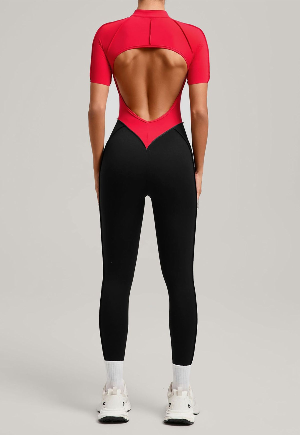 Zip Front Colorblock Backless Active Jumpsuit