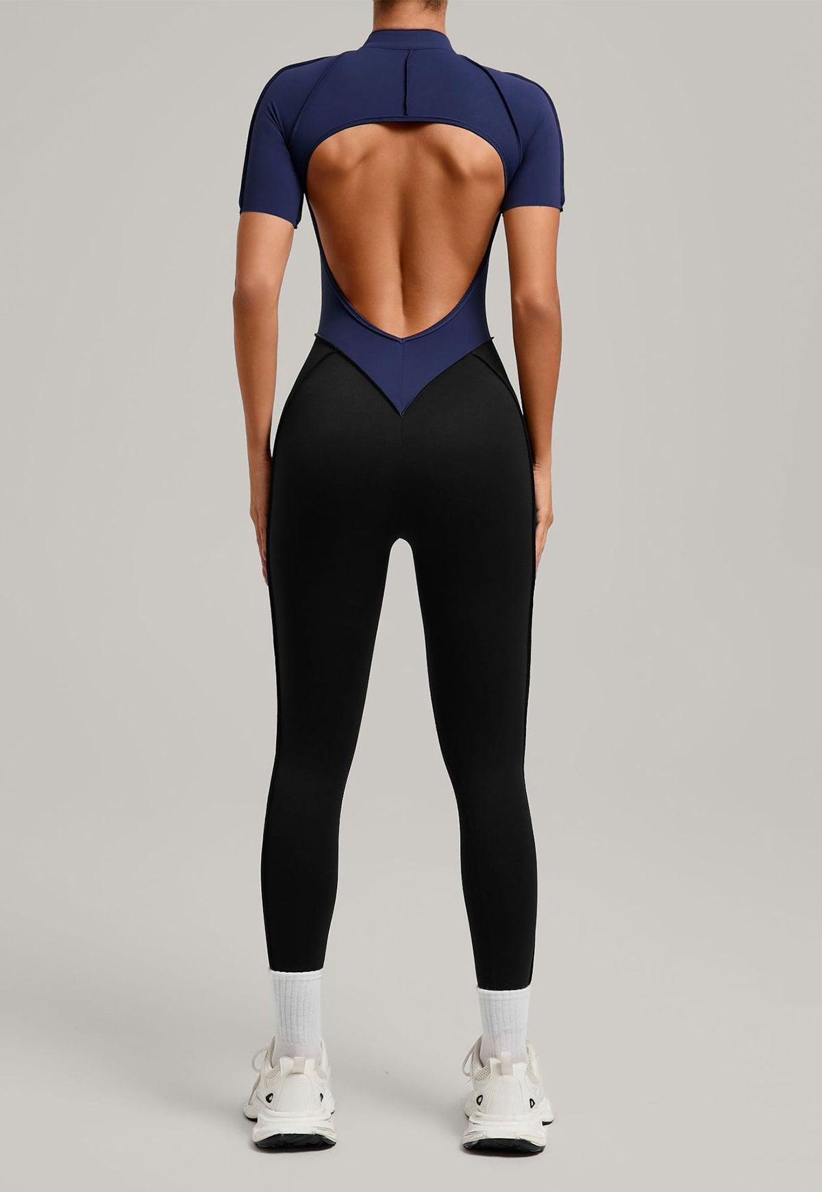 Zip Front Colorblock Backless Active Jumpsuit