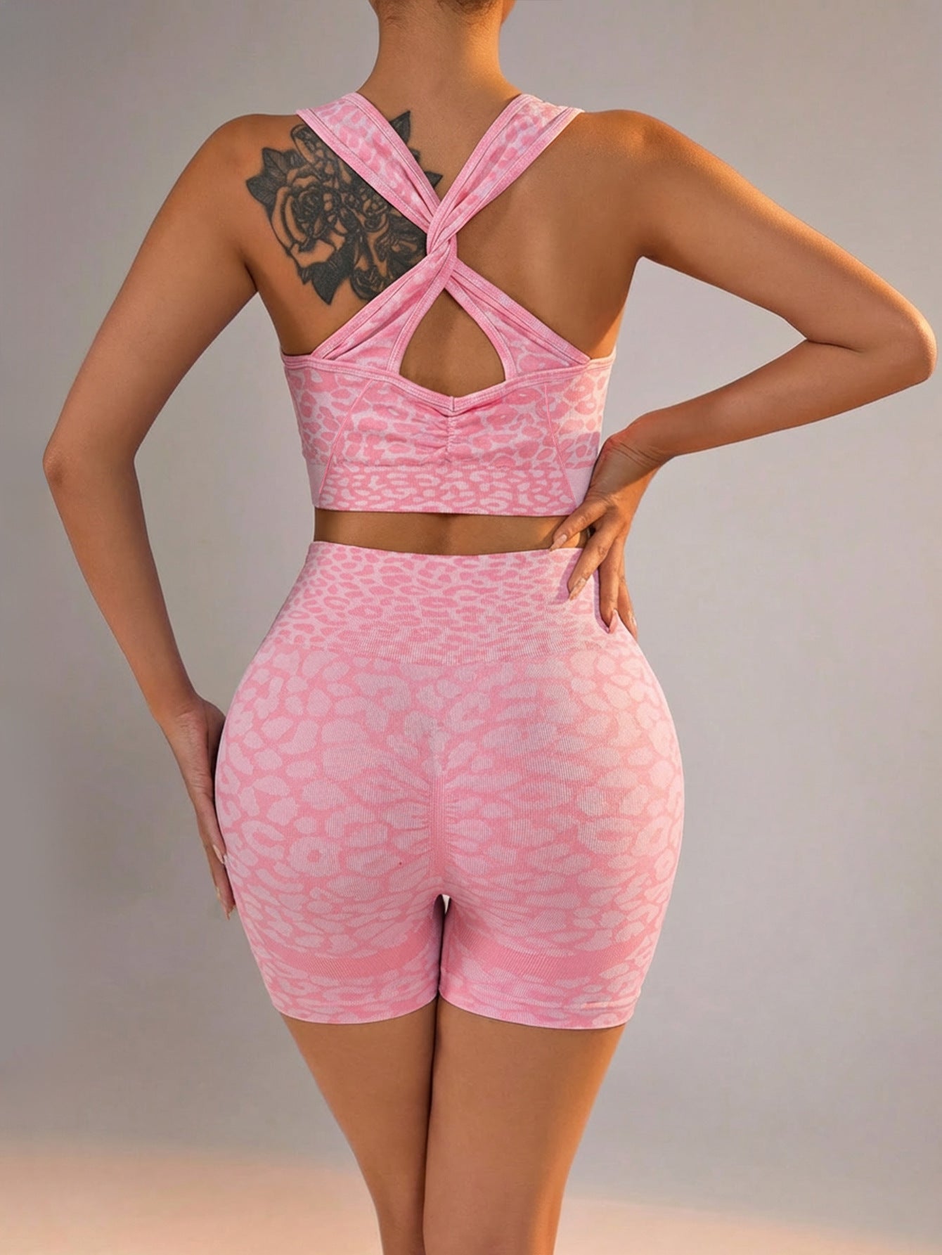 Lila Zen Leopard Jacquard Crossback Sports Bra & High-Waisted Biker Shorts Set