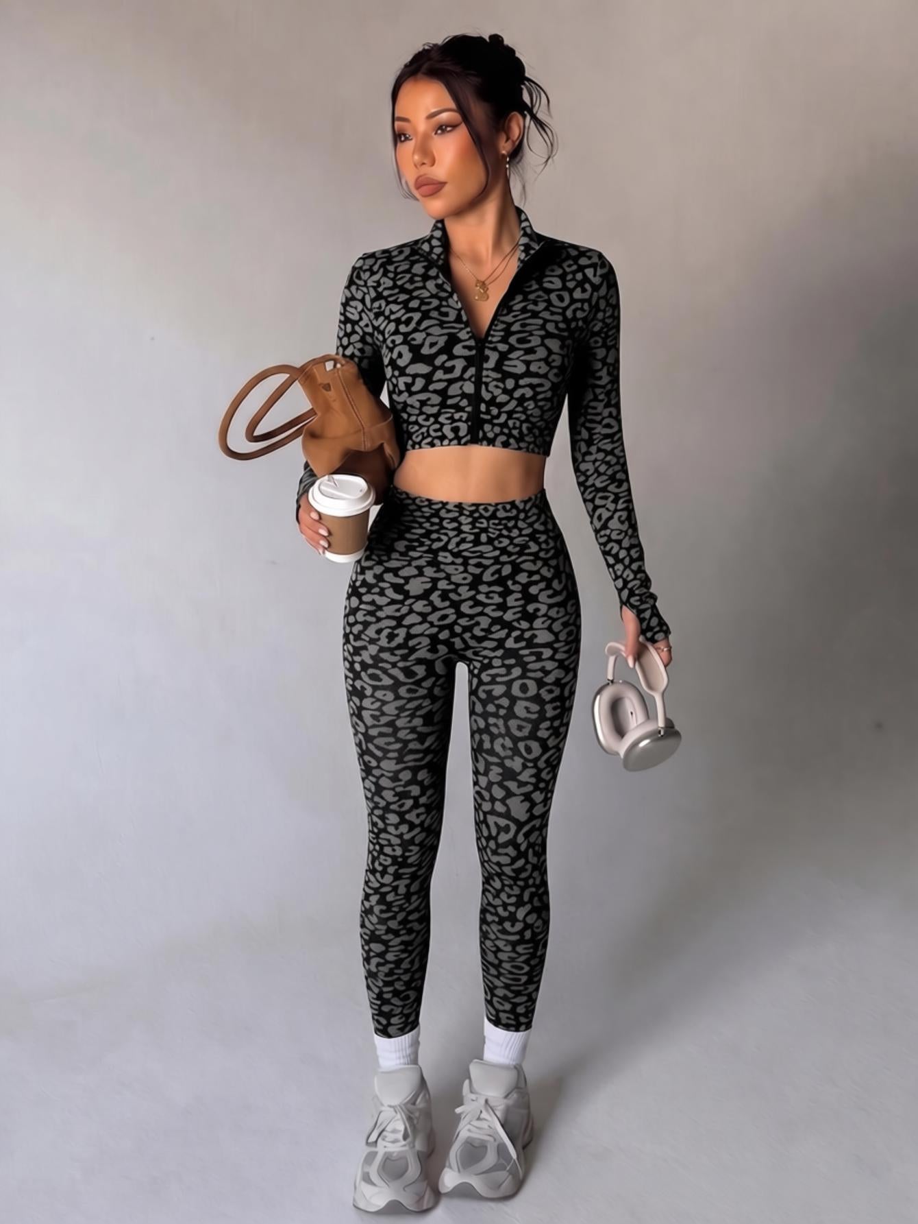 Lila Zen Leopard Seamless Long Sleeve Crop Top & High-Waisted Leggings Set