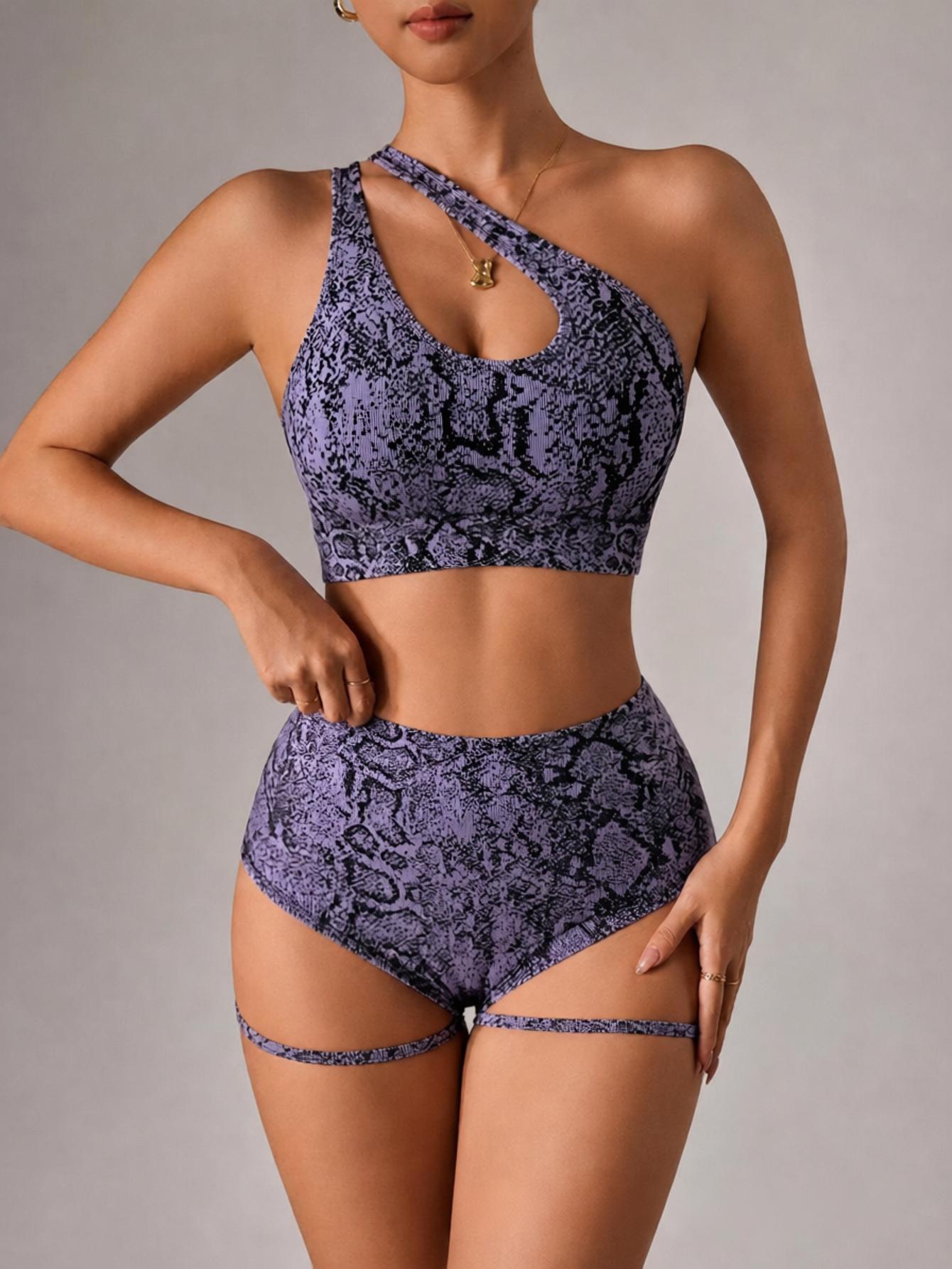 Lila Zen Asymmetric One-Shoulder Python Print Yoga Shorts Set