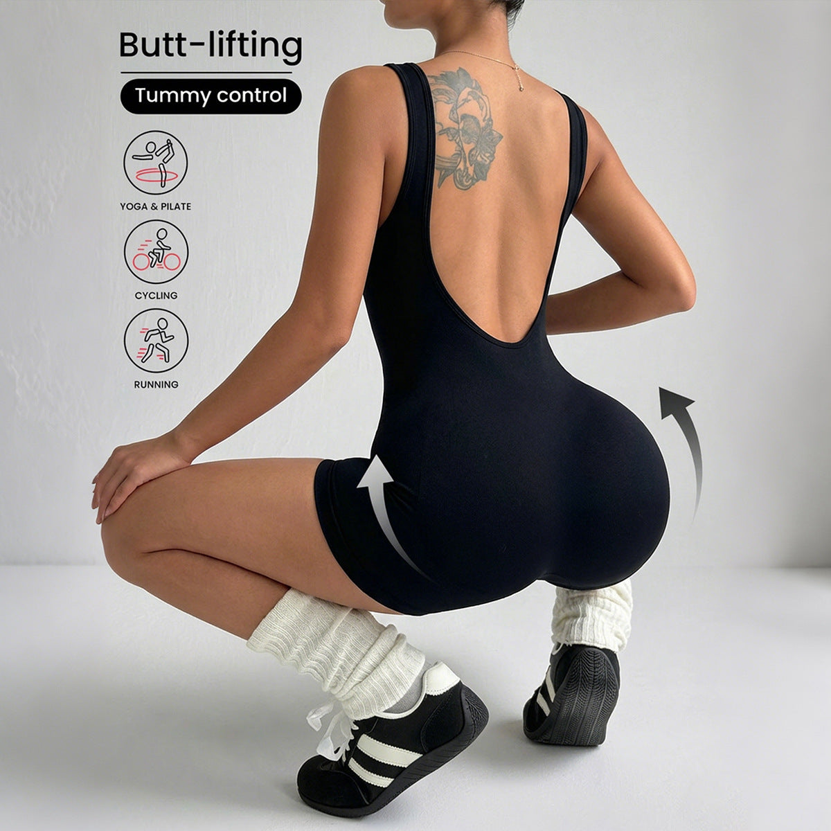 Lila Zen Women Scoop Neck Open-Back High Stretch Sculpt Yoga Romper Shorts