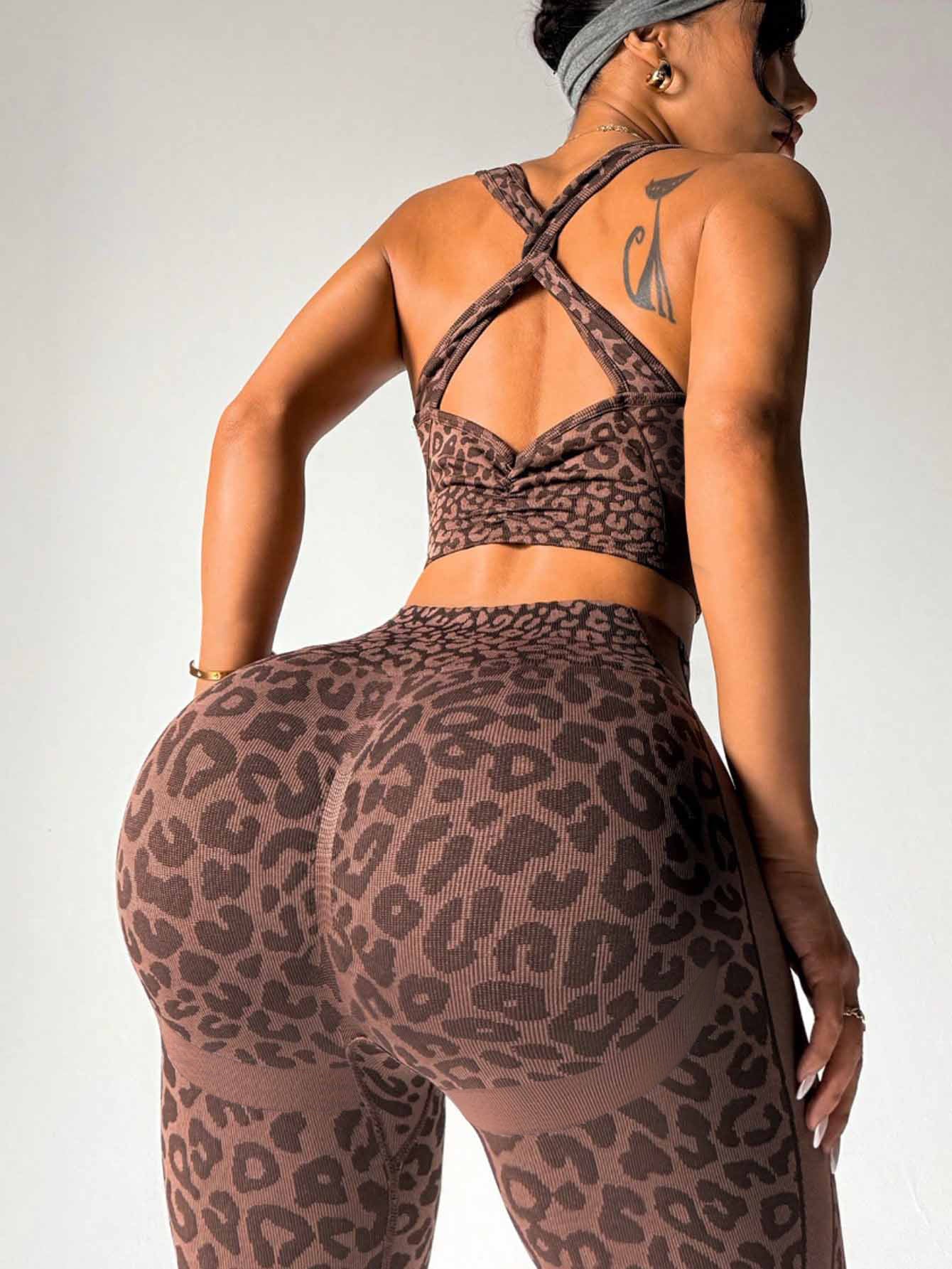 Lila Zen Coffee Leopard Cross-Back Sports Bra & High-Waist Leggings Set