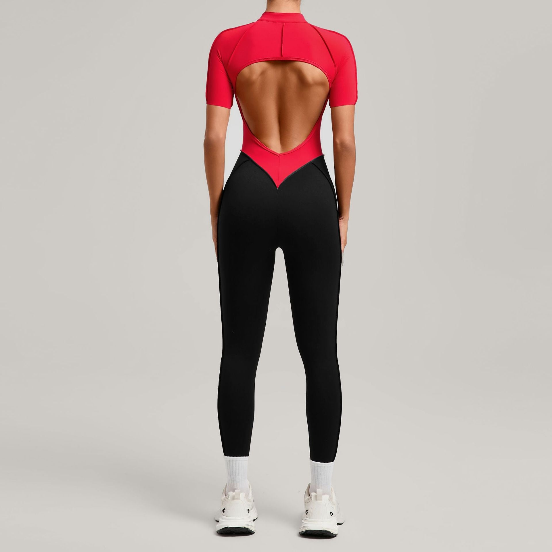 Lila Zen Zip Front Colorblock Backless Active Jumpsuit