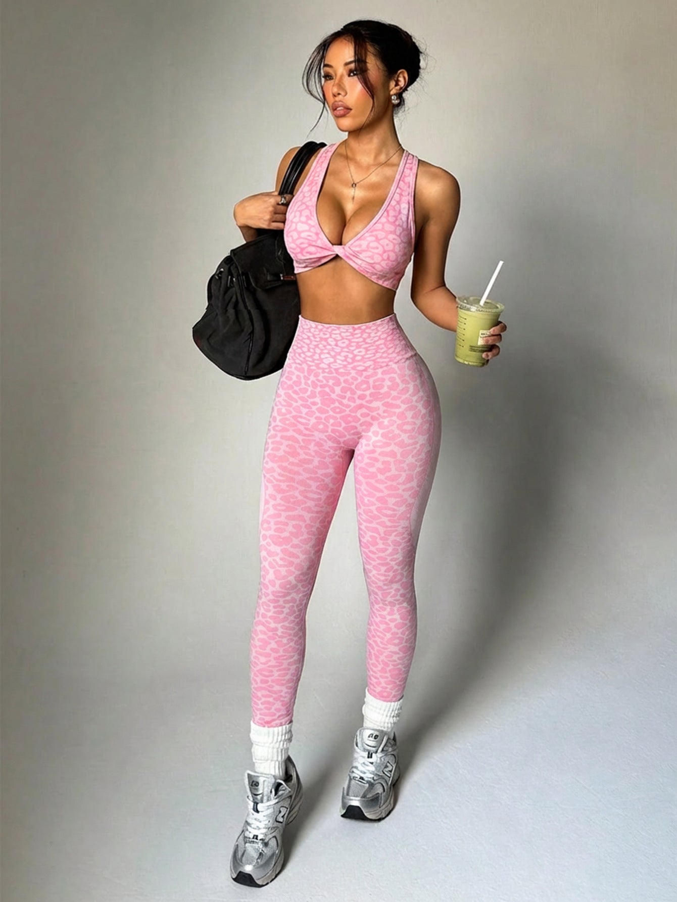 Lila Zen Leopard Twist Front Sports Bra & High-Waist Leggings Set