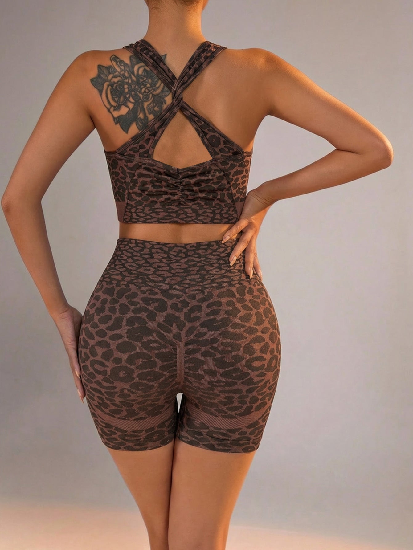 Lila Zen Leopard Jacquard Crossback Sports Bra & High-Waisted Biker Shorts Set