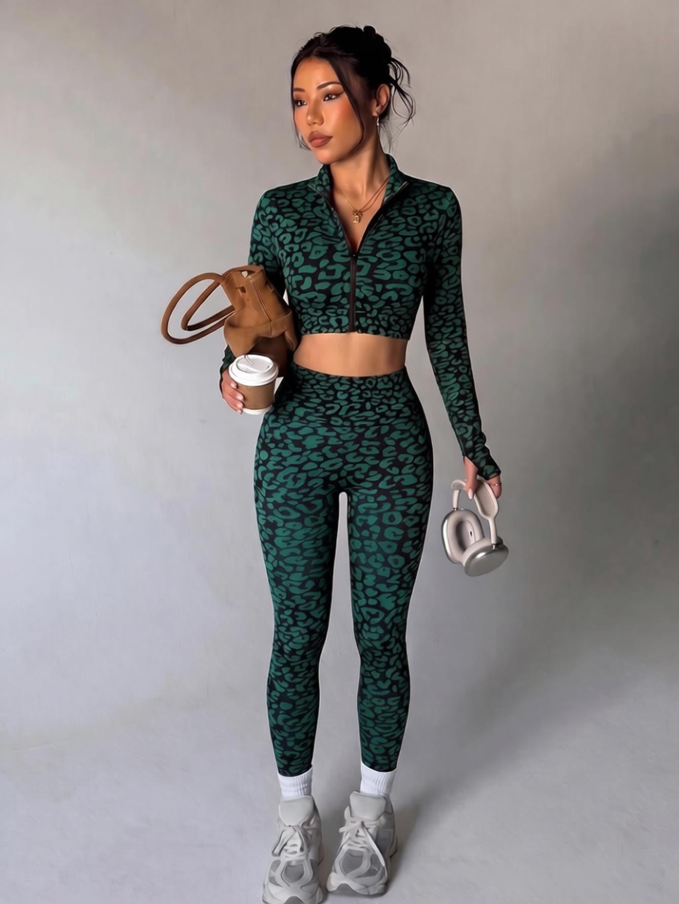 Lila Zen Leopard Seamless Long Sleeve Crop Top & High-Waisted Leggings Set
