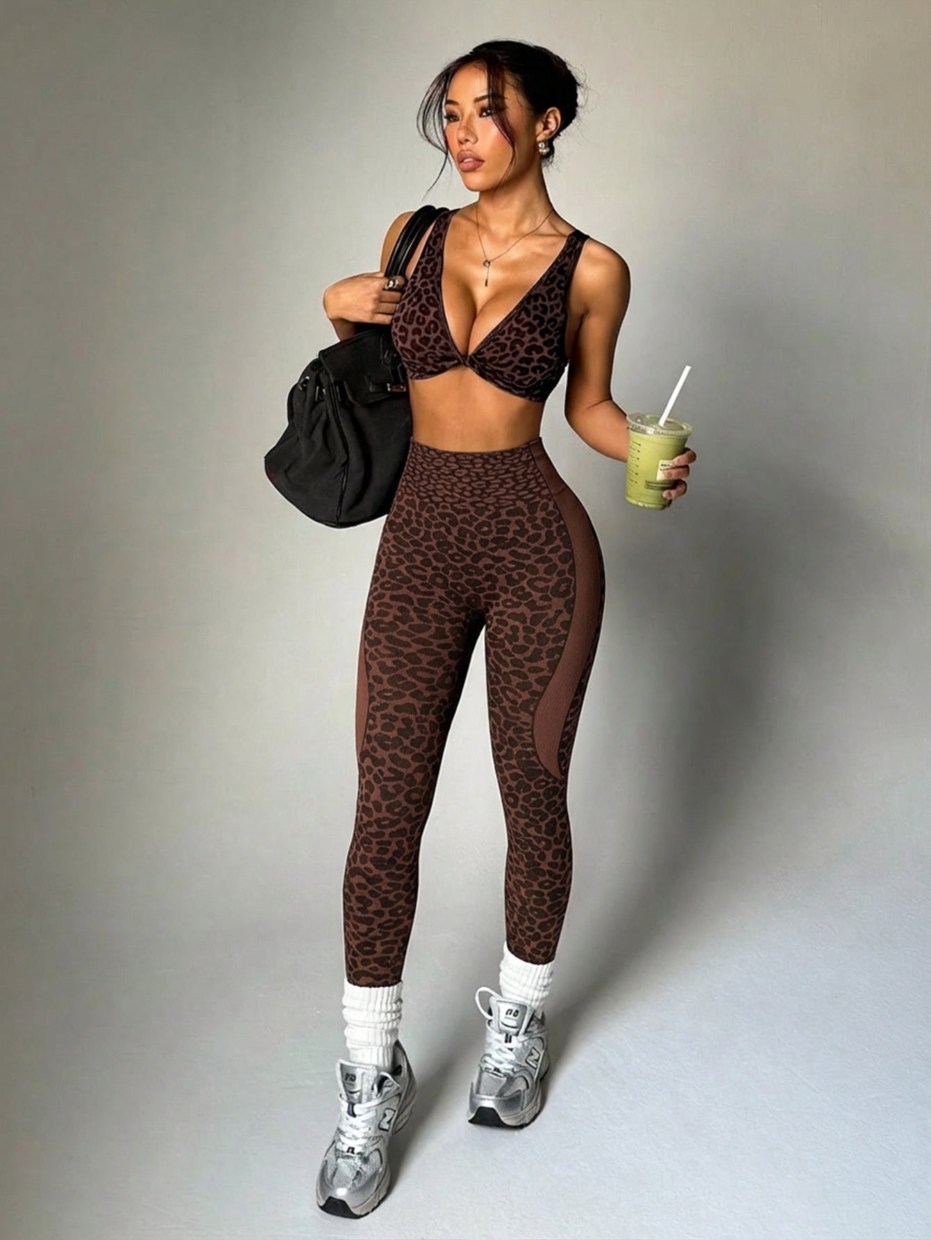 Lila Zen Leopard Twist Front Sports Bra & High-Waist Leggings Set