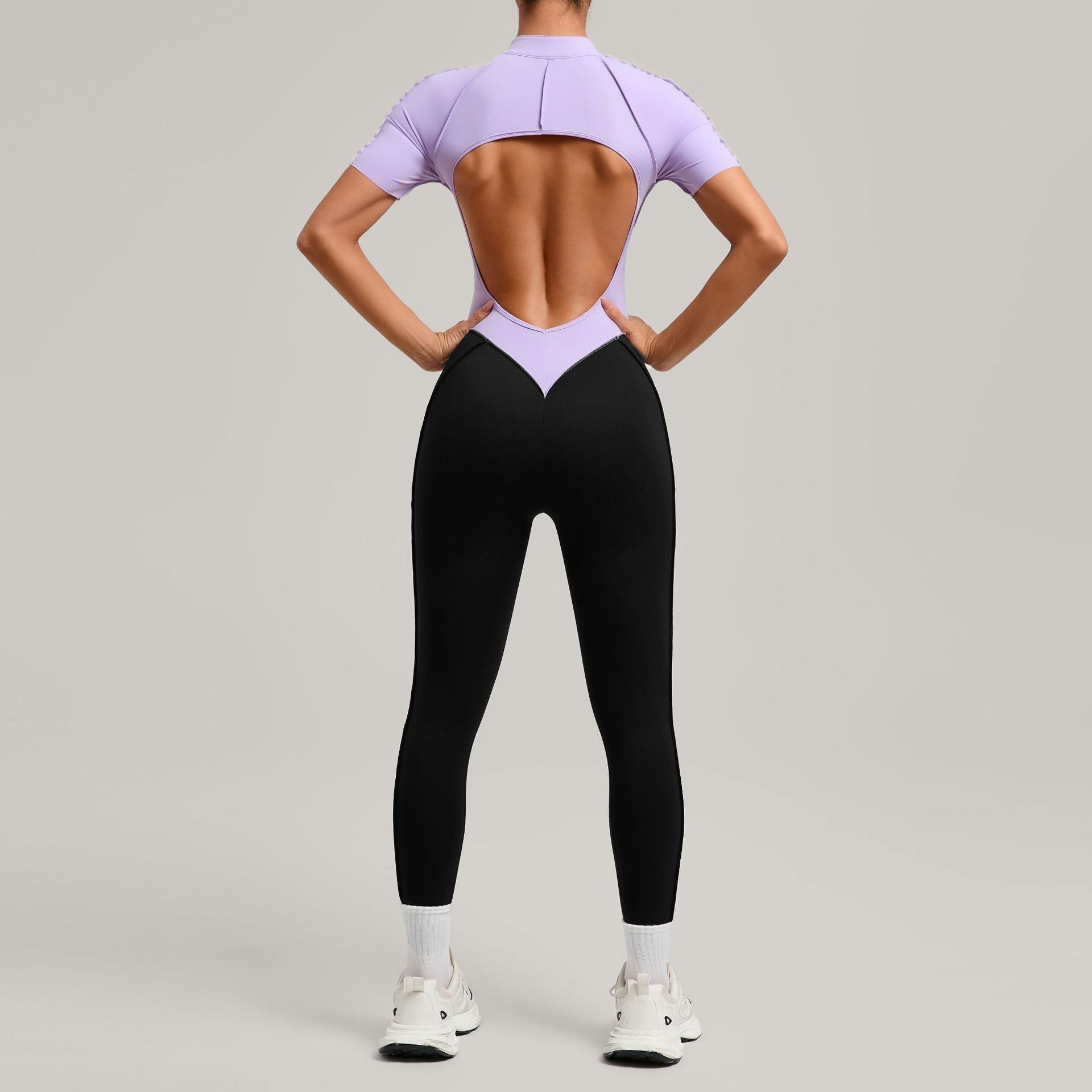 Lila Zen Zip Front Colorblock Backless Active Jumpsuit