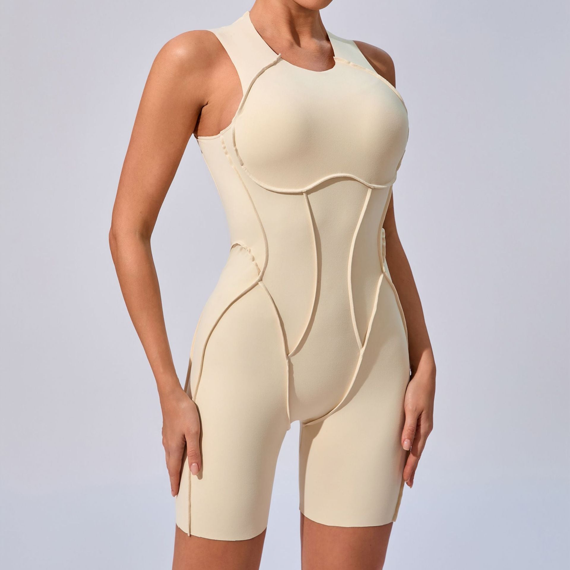 Lila Zen Sculpt Seam Open Back Biker Short Romper