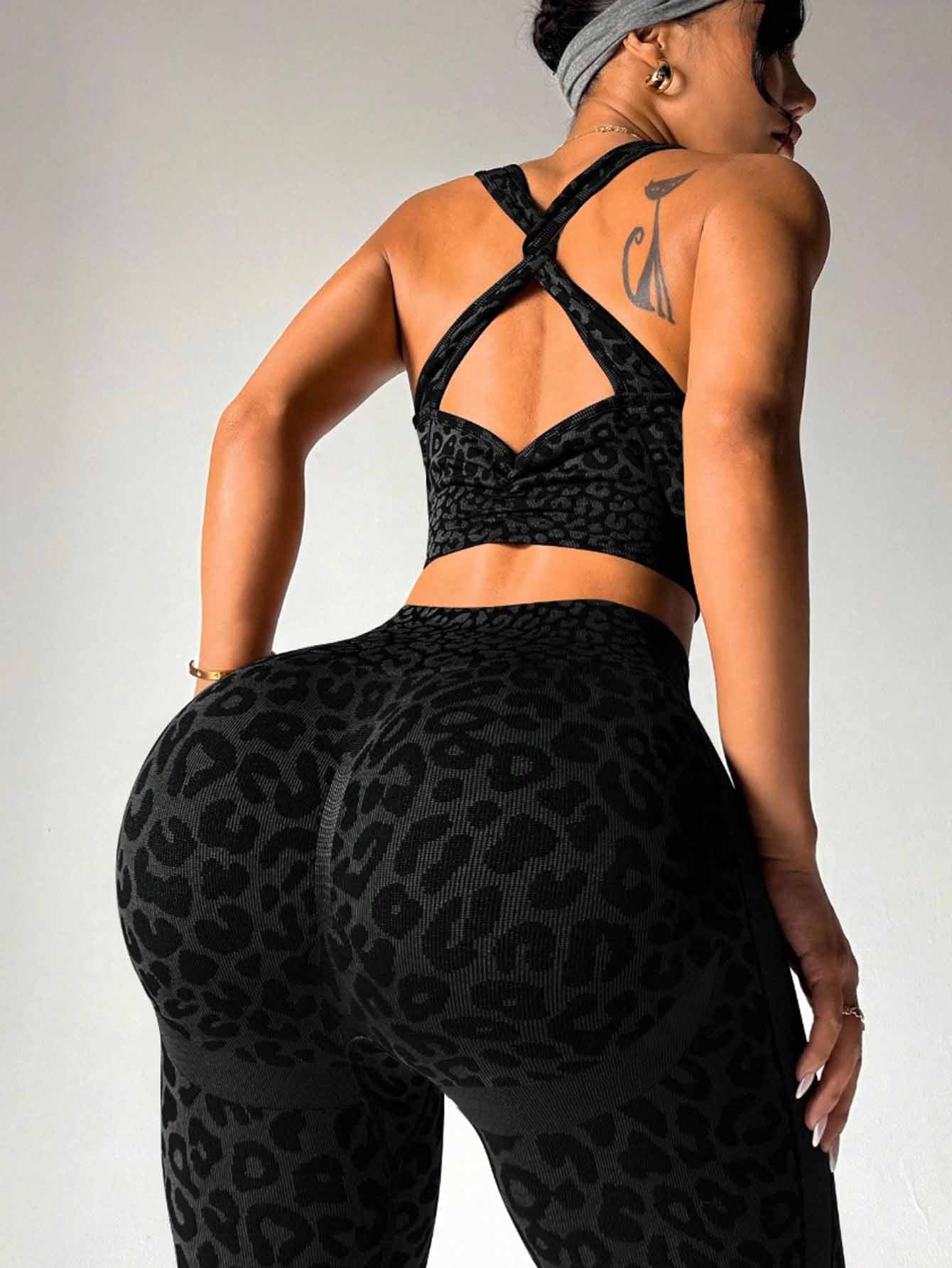Lila Zen Coffee Leopard Cross-Back Sports Bra & High-Waist Leggings Set
