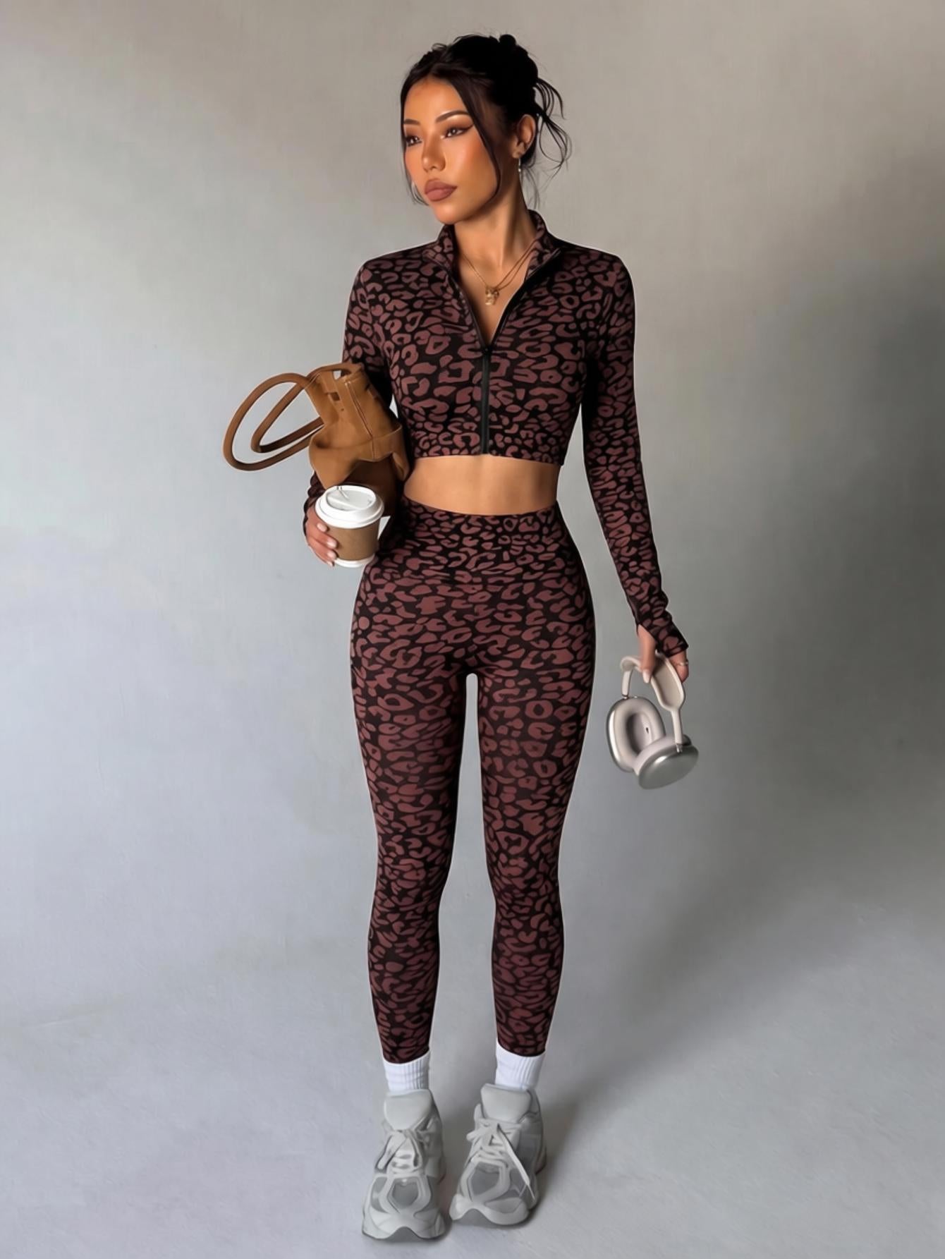 Lila Zen Leopard Seamless Long Sleeve Crop Top & High-Waisted Leggings Set