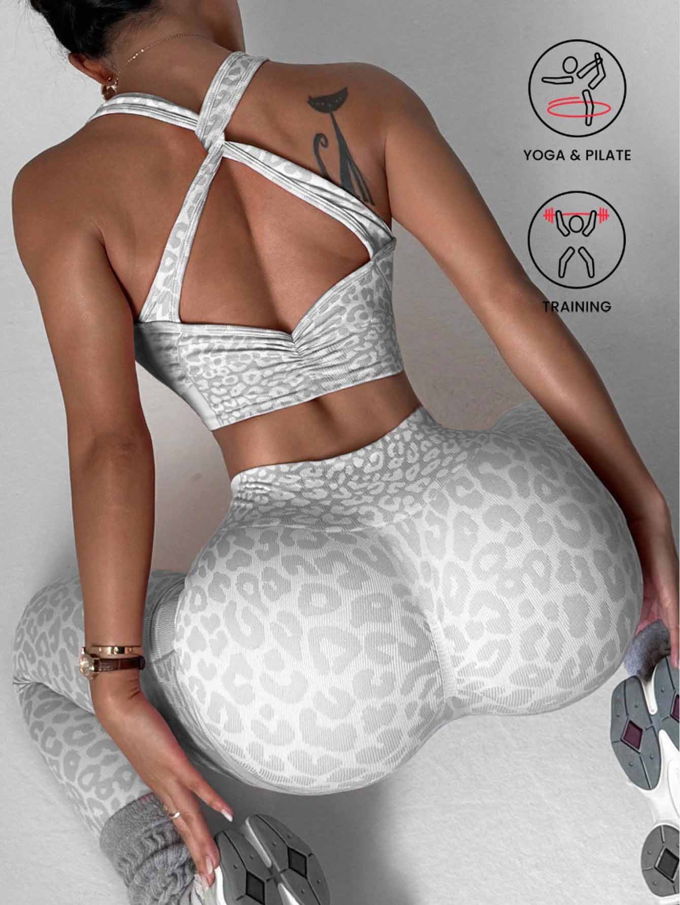 Lila Zen Coffee Leopard Cross-Back Sports Bra & High-Waist Leggings Set