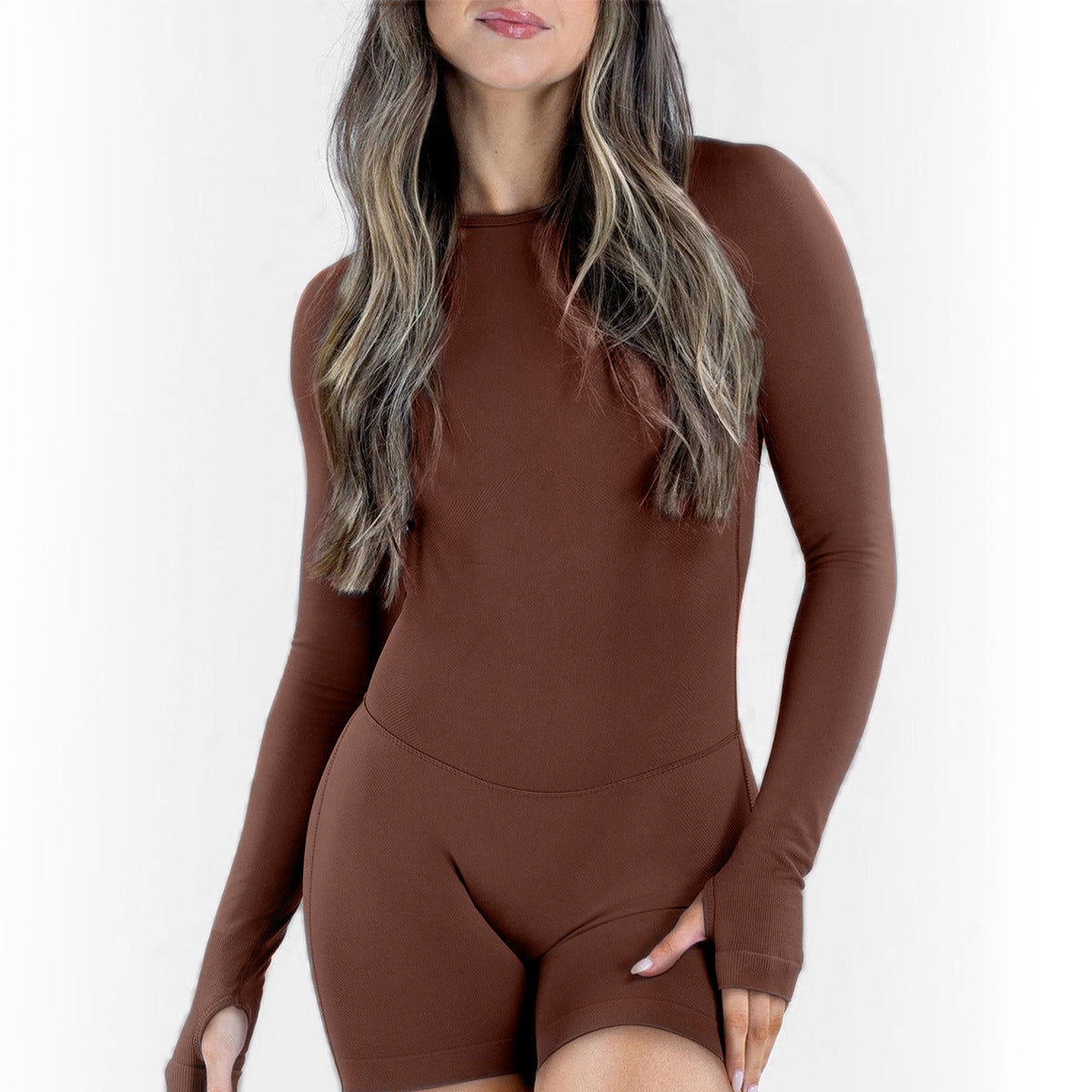 Lila Zen Sculpting Open Back Workout Jumpsuit Long Sleeve Butt Lift Yoga Short Romper