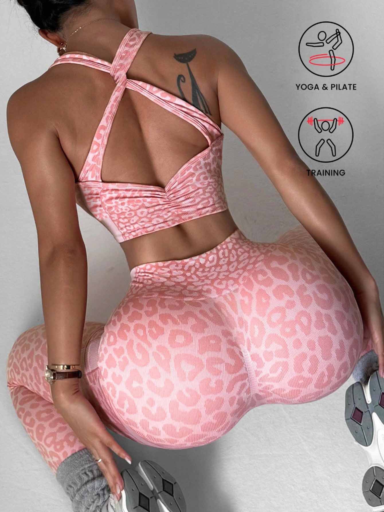 Lila Zen Coffee Leopard Cross-Back Sports Bra & High-Waist Leggings Set