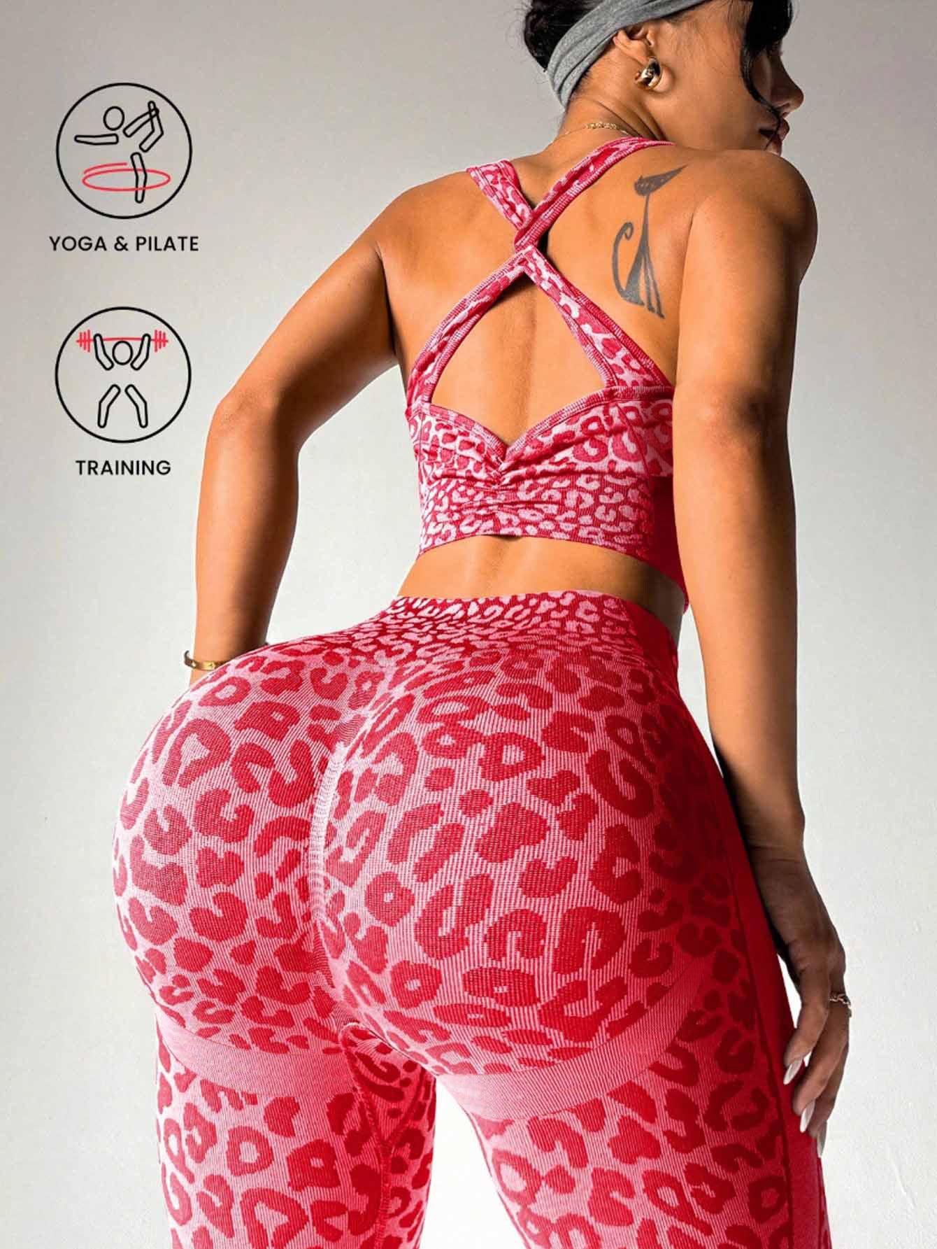 Lila Zen Coffee Leopard Cross-Back Sports Bra & High-Waist Leggings Set
