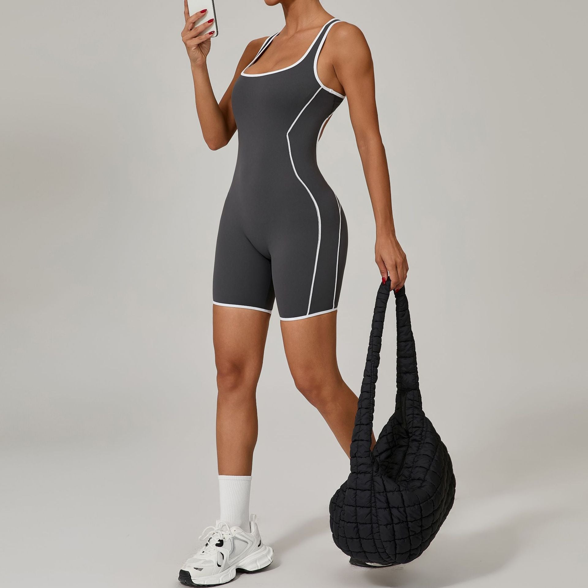 Lila Zen Contrast Trim Open Back Biker Short Romper
