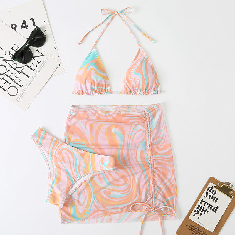 Swirl-Print Triangle Bikini & Ruched Mesh Skirt Set