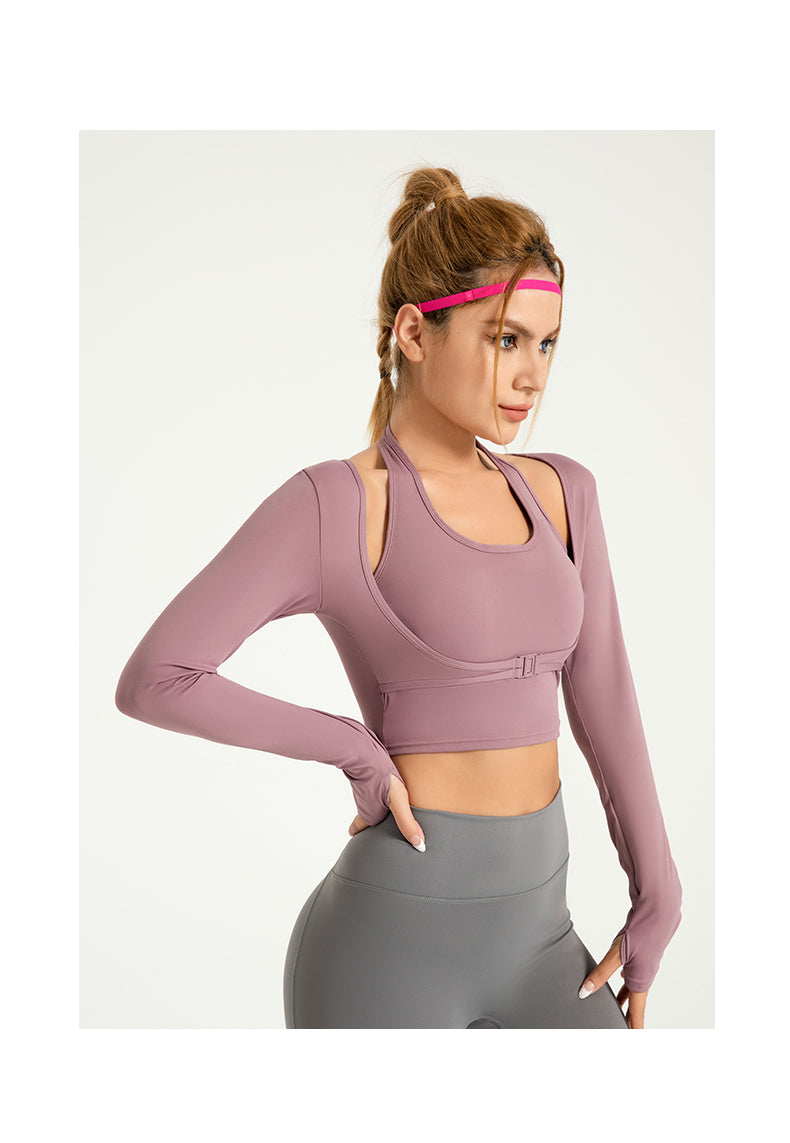 Halter-neck front buckle sports long sleeve